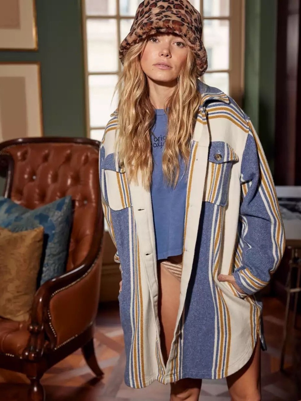 Aerie oversize Striped shacket in Blue, Cream & Mustard